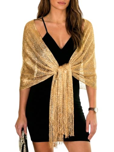 Sumolux Shawls Wraps for Evening Dresses Metallic Glitter Shawls Scarf for Women Sparkling Wedding with Free Buckle - color: Golden