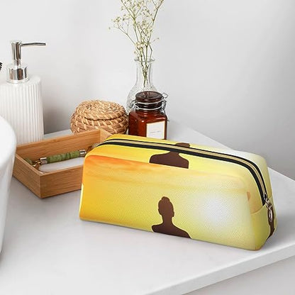 Yoga Meditation Makeup Bag for Women Men Pencil Pouch Travel Small Cosmetic Bag Zippered Toiletry Bags Aesthetic Pen Bags Trendy Storage Bags Leather Coin Pouch Purse - color: Gold
