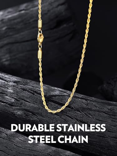 Bandmax Solid 1.5mm/2mm/3mm/6mm Rope Chains for Men Women 14K Gold Plated/Black Plated Stainless Steel Twist Chain 16-30 Inches, with Gift Box - color: 05 2MM Gold Plated