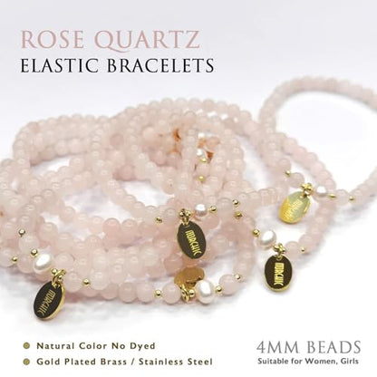 Morchic 4mm Natural Gemstone Beads Stretch Bracelet for Women, With Freshwater Pearls, Energy Gem Birthday Gift for Her 7.2” - color: Rose Quartz