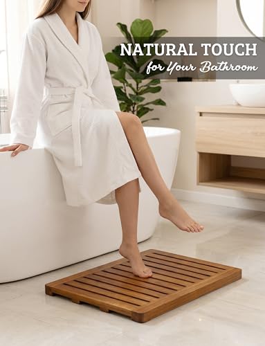 Acacia Wood Shower Mat 24x18 Inches by Demigo, Luxury Bath Mat Non Slip for Bathroom Bathtub Shower Spa Garden Home, Wooden Floor Mat Square Large for Outdoor and Indoor - size: 24" x 18" (Rectangular)