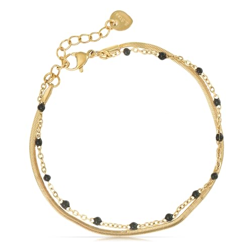 Made by Nami Dainty Gold Link Bracelets for Women Adjustable Double Layered Gold Chain Bracelet with Colorful Beads 7.5" + 2" Chain Extension - color: Black