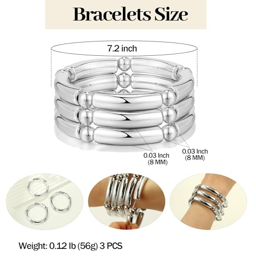 Gold Chunky Bangles Bracelets For Women 14k Gold Plated Stack Layered Curved Bamboo Tube Stretch Bracelets Gift Jewelry - color: 3pcs Silver-8mm