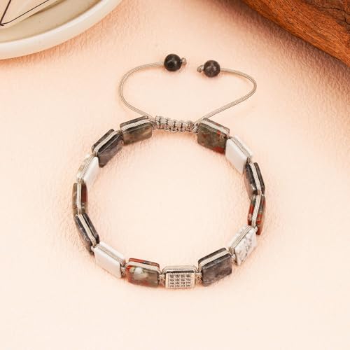 Square Natural Stone Unisex Adjustable Bracelet - Handmade with Natural Stons - Square Healing Crystal Bead Bracelet - color: Gray&White&Red