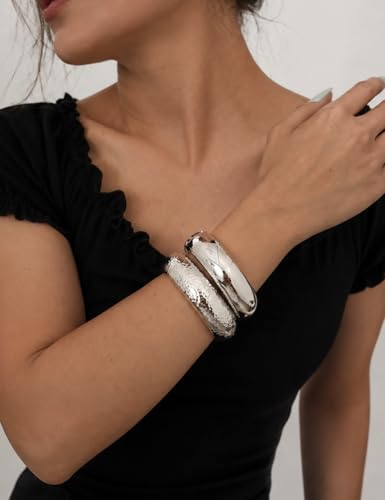 Chunky Gold Bangle Bracelets for Women, Dainty 14k Gold Plated Big Stackable Bangles Set, Trendy Statement Cuff Bracelet Stack Fashion Jewelry Gifts - style: 2 Silver hammered bangles