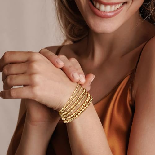 Gold Bracelets for Women Waterproof, 14K Gold Plated Beaded Strand Bead Ball Bracelets stack Adjustable Jewelry Set for Gifts