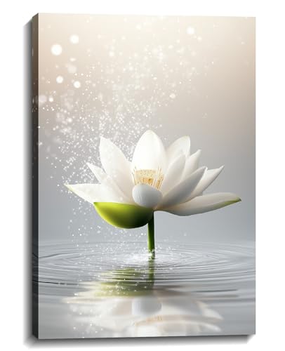 Lotus Canvas Art Zen Wall Decor Framed Lotus Bloom in Water Picture Flower Painting Relax & Calm Prints for Living Room Bathroom Yoga Spa Meditation Spiritual Room Ready to Hang - 12.00"x18.00" - color: G - White Lotus, size: 18"L x 12"W