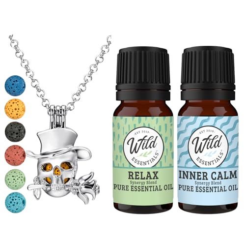 Wild Essentials Top-hat Skull Essential Oil Diffuser Necklace Gift Set with Inner Calm & Relax Oils – Nickel Free Alloy Pendant with 6 Lava Stones – USA Made Oils & Perfume Necklace – Family Company - color: Silver Skull, size: 2 Oils
