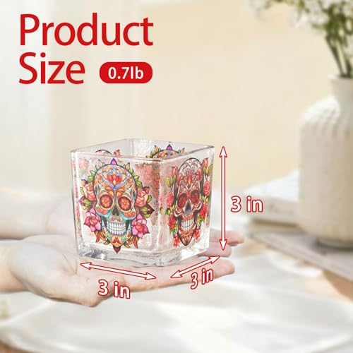 Votive Tealight Candle Holder, Square Glass Vase for Table Centerpiece Decor, Multi-Purpose Glass Cup for Home Tabletop Decor, 3.1 x 3.1 x 3.1 in Day of the Dead