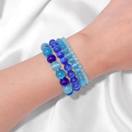 4pcs Beaded Bracelets for Women,Natural Healing Crystal Gemstones Bracelet,Anxiety Stress Relief Bracelet Handmade purple Jewelry Gifts for Women - color: Light blue cat eyes&Blue cat eyes&Dark blue cat eyes