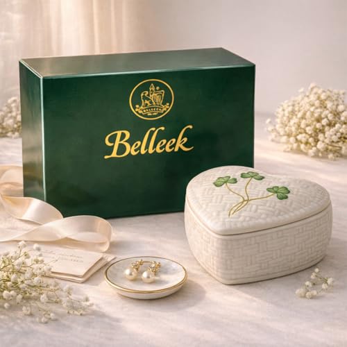 Belleek Classic Kylemore 4.4-Inch Trinket Box, Handcrafted Parian China Decorative Storage, Irish Shamrock Decor, White