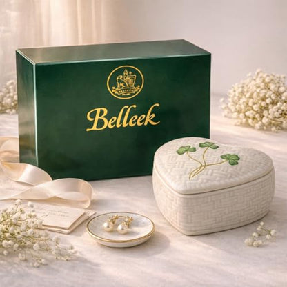 Belleek Classic Kylemore 4.4-Inch Trinket Box, Handcrafted Parian China Decorative Storage, Irish Shamrock Decor, White