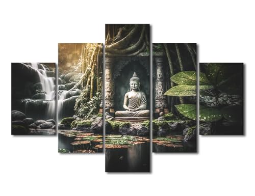 TUMOVO Zen Buddha Wall Decor Zen Garden Lotus Flower Wall Art for Living Room Waterfall Wall Art 5 Panels Artwork Home Decor Posters and Prints Framed Ready to Hang (60''Wx40''H) - color: Artwork-04, size: 60''Wx40''H