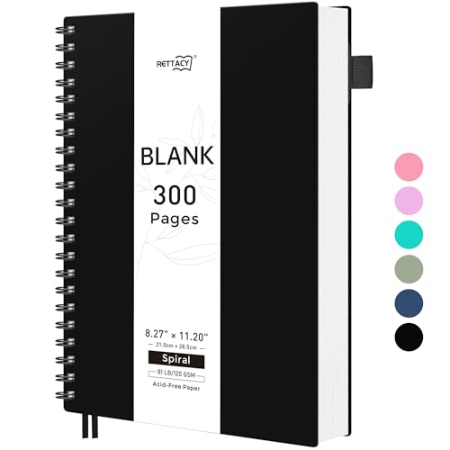 RETTACY Blank Journal Notebook, 300 Pages, A4 Large Size (8.2'' x 11.2''), 120 GSM Thick Paper, Flexible Plastic Cover, Spiral-bound, for Sketching, Drawing, Painting (Black) - color: Black