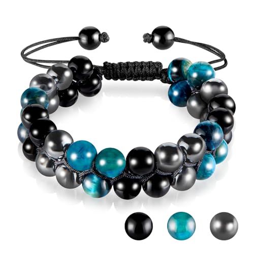 Tiger Eye Bracelet, MIDON Triple Protection Bracelet for Men Women, Handmade Tiger Eye Beads Hematite and Black Obsidian Natural Stone Healing Energy Crystal Bracelets