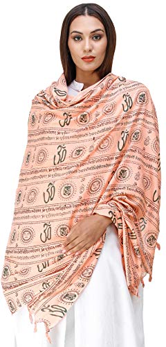 Exotic India Women's Polycotton Prayer Shawl with Printed Om and Gayatri Mantra Stole, Scarves For Pooja, Festive