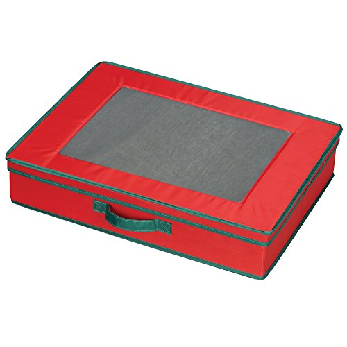 Household Essentials 545RED 545 Holiday Vision Storage Box with Lid and Handles | Tabletop Linen Storage Set | Red Canvas with Green Trim