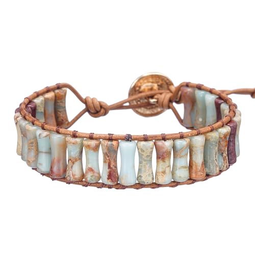 Plumiss Women Boho Handmade Natural Stone Crystal Leather Bead Wrap Bracelets Collection - style: Agalmatolite N
