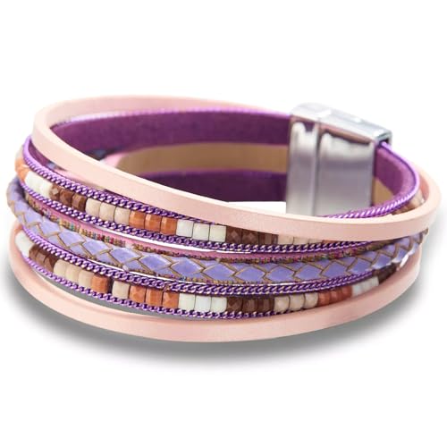 Fesciory Leather Wrap Bracelets for Women, Boho Leopard Multi-Layer Crystal Beads Cuff Bracelet Jewelry - color: Boho Braid(Pink)