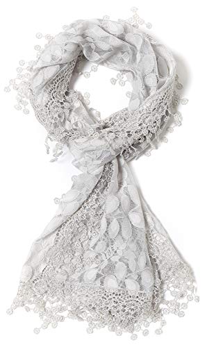 Cindy and Wendy Lightweight Soft Leaf Lace Fringes Scarf Bridal Veils shawl for Women - color: Light Gray