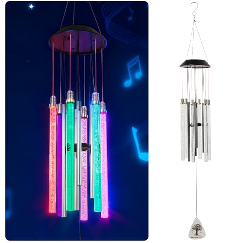 Solar Wind Chimes Outdoor, 37” Color Changing Solar Wind Chimes with 6 LED Tubes, Tree of Life Pendant Outdoor Wind Chimes for Garden Yard Patio Porch Decor, Gifts for Women Mom