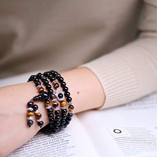 COAI 108 Mala Beads Hamsa Hand Bracelet, Wrap Bracelet Beaded Necklace for Men Women - style: Obsidian