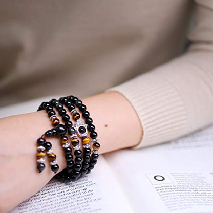 COAI 108 Mala Beads Hamsa Hand Bracelet, Wrap Bracelet Beaded Necklace for Men Women - style: Obsidian