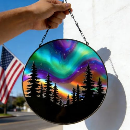 Aurora Forest Stained Glass Suncatcher – Northern Lights Window Hanging, Handmade Round Sun Catcher for Bedroom, Meditation Room, Nature Lover Gift & Winter Home Decor