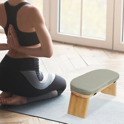 LOYALHEARTDY Meditation Bench - Bamboo Wood, Foldable Meditation Stool with Velvet Cushion Cover & Carrying Bag - Prayer Kneeler Chair for Yoga Or Sitting (Green)