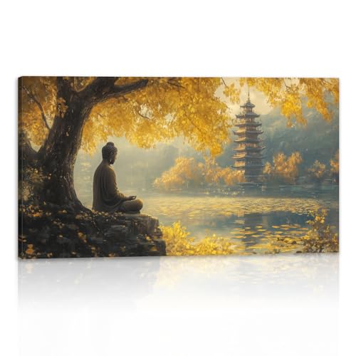 JINLUNTA Autumn Golden Buddha Canvas Wall Art Misty Lake and Pagoda Landscape Painting Spiritual Zen Decor for Home Office Spa Meditation Room(Art-2,20.00"x40.00") - color: Art-2, size: 40"L x 20"W