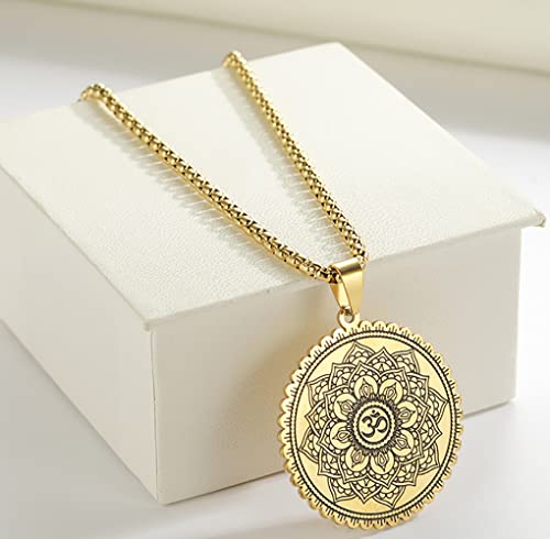 Om Symbol Lotus Necklace For Men Women Stainless Steel Chakra Meditation Necklace Lotus Om Symbol Pendant Necklace Viking Jewelry Healing Gift - color: gold