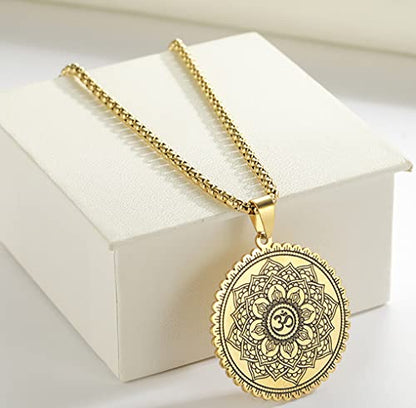 Om Symbol Lotus Necklace For Men Women Stainless Steel Chakra Meditation Necklace Lotus Om Symbol Pendant Necklace Viking Jewelry Healing Gift - color: gold