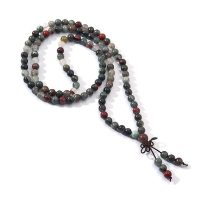 108 Mala Prayer Beads Bracelet 6mm Genuine Gemstone Healing Crystal Stone Beaded Bracelet Buddhist Tibetan Handmade Knotted Elastic Necklace for Yoga Meditation Unisex Women Men - color: African Bloodstone