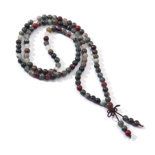 108 Mala Prayer Beads Bracelet 6mm Genuine Gemstone Healing Crystal Stone Beaded Bracelet Buddhist Tibetan Handmade Knotted Elastic Necklace for Yoga Meditation Unisex Women Men - color: African Bloodstone