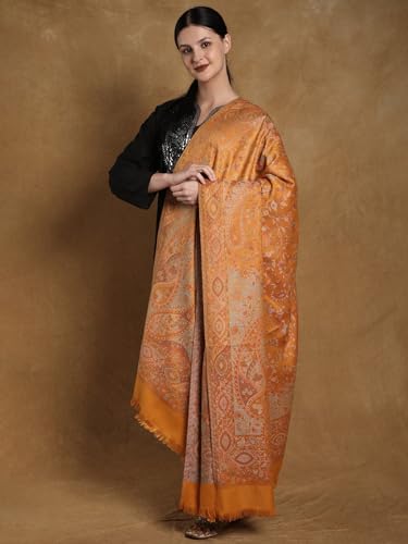 Exotic India Reversible Jamawar Shawl with Woven Paisleys - Wool - color: Golden Orange