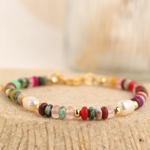Gold Gemstone Beaded Bracelets for Women, Trendy Boho Handmade Crystal Natural Stone Beads Bracelet Summer Beach Bohemian Jewelry Gift