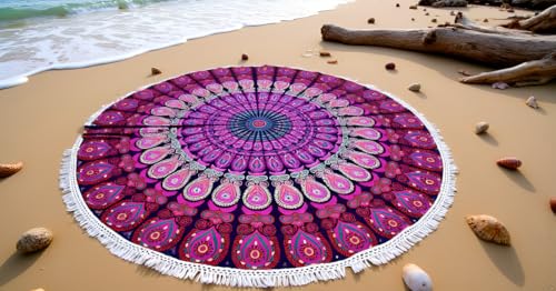 Round Beach Tapestry Mandala Boho Hippie Blanket Cotton Bohemian Large Table Cloth Home Decor Yoga Mat Meditation Picnic Rug Throw Hippy Boho Gypsy Tablecloth Roundie 42 Inches Pink And White - color: Pink And White, size: 42"L x 42"W