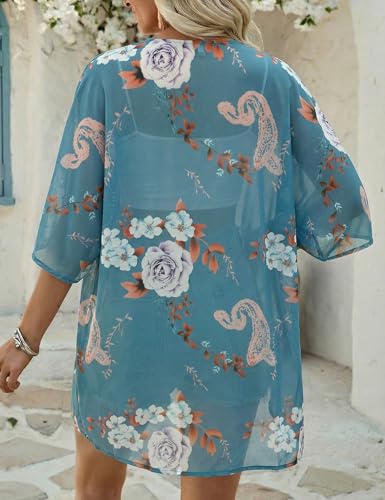 Chunoy Women Floral Beach Wear Cover Up Chiffon Kimono Cardigan Open Front Blouse Top - color: Blue 9107, size: Large