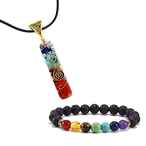 COLORFUL BLING Healing Crystals Gemstone Chakra Om Symbol Pendant Necklace Lava Rock Bracelet Set Prosperity Reiki Wealth Money Fortune Positive Energy Quartz Yoga Meditation Jewelry for Women Men - style: Set B