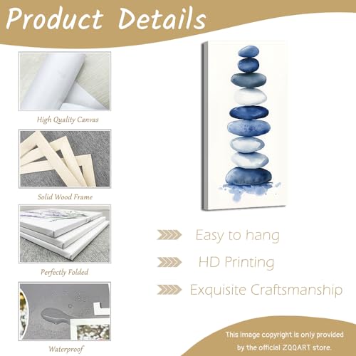 ZQQART Zen Stone Canvas Wall Art Blue and White Zen Stone Paintings Bathroom Pictures Relaxing Spa Meditation Room Spiritual Artwork for Living Room Framed (16W x 32L) - size: 16W" x 32L"