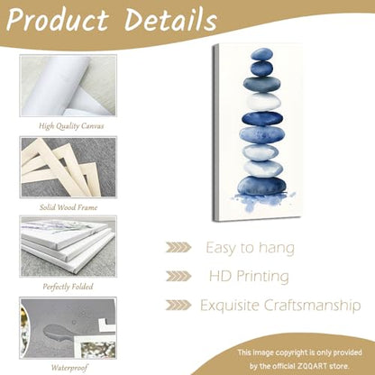ZQQART Zen Stone Canvas Wall Art Blue and White Zen Stone Paintings Bathroom Pictures Relaxing Spa Meditation Room Spiritual Artwork for Living Room Framed (16W x 32L) - size: 16W" x 32L"