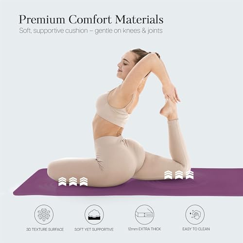 Extra Thick 12mm Exercise Mat – Non-Slip, Joint-Friendly & Cushioned Fitness Mat for Yoga, Pilates & Floor Workouts – Durable, Supportive & Includes Feetlu Classic Strap