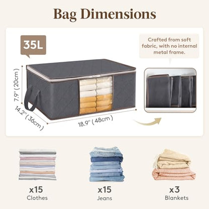 Lifewit 3 Pack 35L Clothes Storage Bins with Lids, Foldable Blanket Storage Bags with Zippers, Clear Window and Reinforced Handles, Closet and Organization for Clothing, Sweater, Comforter, Bedding - size: 35L