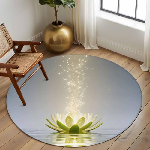 Zen Meditation Lotus Floral 8ft Round Rug Washable Area Rug for Living Room, Soft Large Non-Slip 8' Circle Dining Room Rugs Green Floral Modern Art Carpet for Bedroom Office Classroom Dorm - size: 8'(Round)