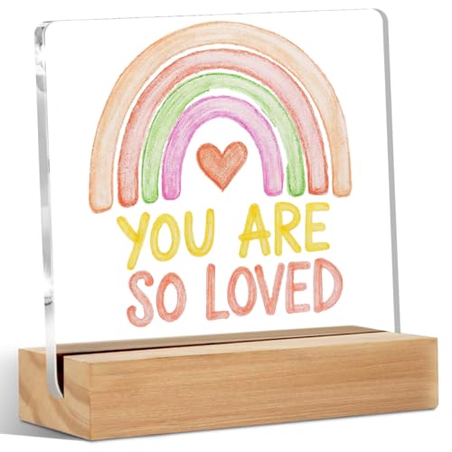 You Are So Loved Rainbow Heart Acrylic Sign Desk Decor, Inspirational Quotes Decorative Sign Acrylic Sign With Wooden Stand for Girls Room Nursery Playroom Shelf Cubicle