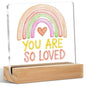 You Are So Loved Rainbow Heart Acrylic Sign Desk Decor, Inspirational Quotes Decorative Sign Acrylic Sign With Wooden Stand for Girls Room Nursery Playroom Shelf Cubicle