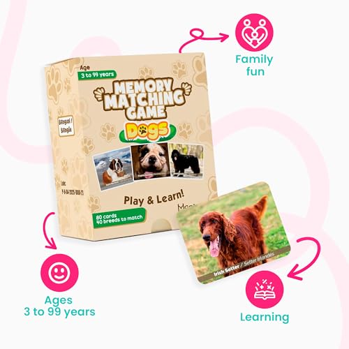 Menique – Dogs Memory Matching Game – Bilingual – 80 Cards (40 Pairs) with Real Photographs – Educational Game for Kids and Adults - style: Dogs