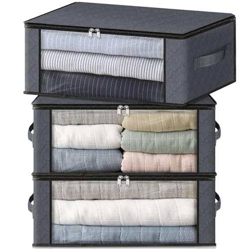 HomeHacks Storage 3-Pack Clothes Organizer Storage Bags Foldable Storage Box with Large Clear Window Sturdy Handles for Closet, Dorm, Pillows, Bedding, Clothes, Blankets, 35L, Gray