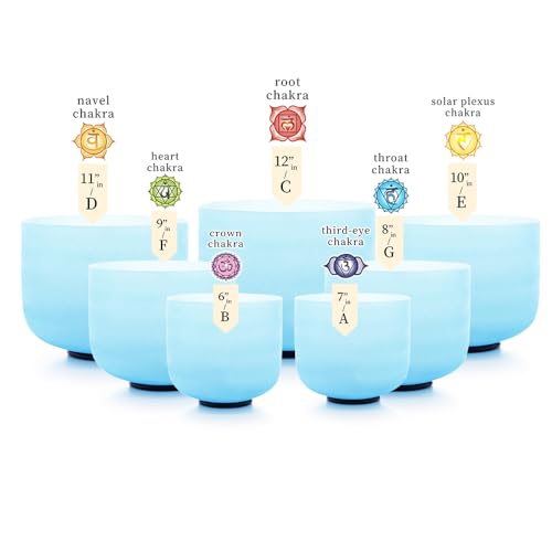 Hye-eun 7PCS 432Hz Crystal Singing Bowl Set, 6-12 inch Blue Frosted Quartz Sound Bowls for Chakra Healing Meditation Yoga Stress Relief with Bags - color: 6-12inch 432hz Blue 7PCS