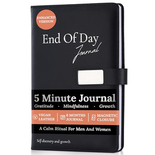End of Day Journal - 5 Minute Daily Gratitude & Self Reflection Journal for Women & Men 2026, Guided Mindfulness, Productivity & Personal Growth Prompts, Vegan Leather, 120 GSM, Magnetic Closure